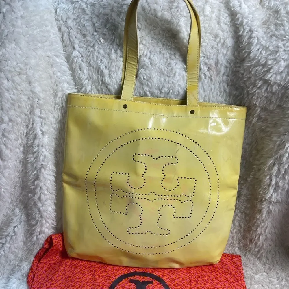 Authenticated Tory Burch leather patent yellow Large tote with dust bag